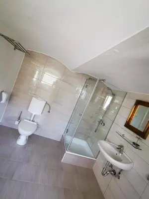 a bathroom with a shower and a toilet and a sink at apartma 