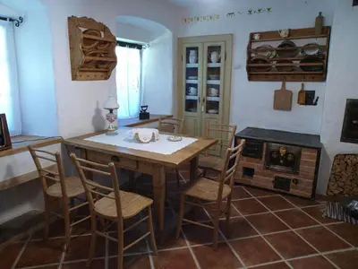 a kitchen with a table and chairs and a fireplace at ETNO HOUSE GOSTECE- Suite with Finnish sauna in Mozirje