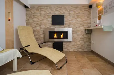 a chair in a room with a fireplace at Apartments Lavric in Nova Vas