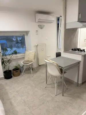 a kitchen with a table and chairs in a room at Industrial Studio 6 in Ljubljana