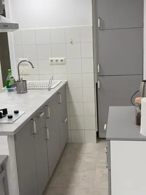 a kitchen with a sink and a refrigerator at Industrial Studio 6 in Ljubljana
