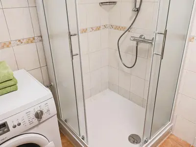 a shower in a bathroom with a washing machine at Apartma Andrej in Rateče