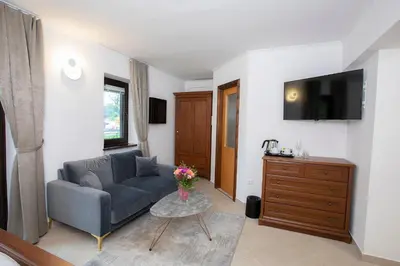 a living room with a couch and a tv at House Klasika - Adults Only in Bled