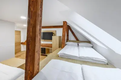 a bedroom with two beds in a attic at B&B Pri Peclju in Podgrad