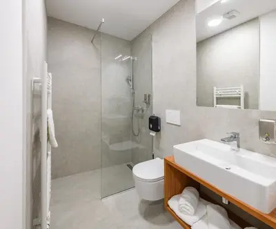 a bathroom with a toilet and a sink and a shower at B&B Pri Peclju in Podgrad
