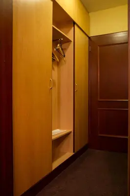 a walk in closet with a wooden door and a closet at Hotel Krona Domžale in Domžale