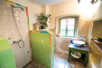 a bathroom with a sink and a shower at Vintage House Podliparska in Fara
