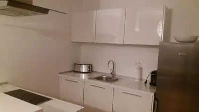 a small kitchen with a sink and a refrigerator at Sun and Spa Apartment in Kranjska Gora