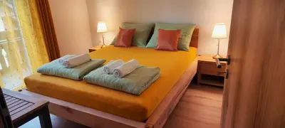 a bedroom with a bed with pillows on it at Tourist house Capricorn in Bled
