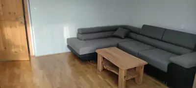 a living room with a couch and a coffee table at Green Garden Apartment in Bled