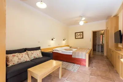 a living room with a couch and a bed at Natura Amon in Podčetrtek