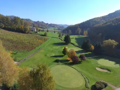 an aerial view of a golf course with a green at Natura Amon in Podčetrtek