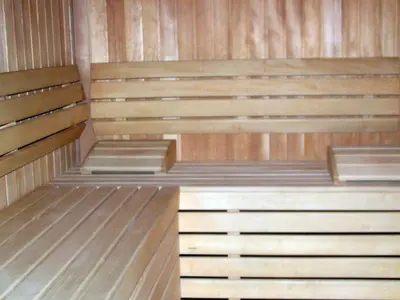 a wooden sauna with two benches in it at Bed and Breakfast Kogoj in Nova Gorica