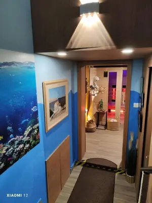a room with a hallway with blue walls and a meditation room at Snežak (Snowman) in Bohinj