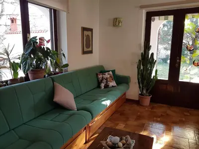 a green couch in a living room with plants at Apartment Slavi in Vipava