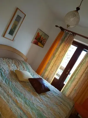 a bedroom with a bed and a door with a window at Apartment Slavi in Vipava