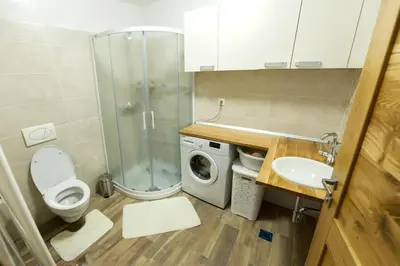 a bathroom with a toilet a sink and a washing machine at Apartments Laznica in Cerkno