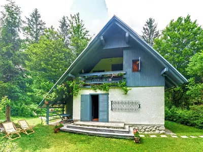 a small house with a blue roof at Chalet Jasmin in Bohinj