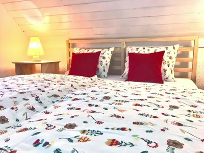 a bedroom with a large bed with red pillows at Chalet Jasmin in Bohinj