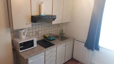 a small kitchen with a microwave and a sink at apartma Albina in Kranjska Gora