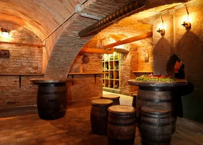 a bar in a wine cellar with wooden barrels at Hotel Strk in Murska Sobota