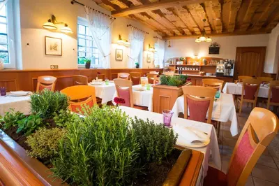 a restaurant with tables and chairs and a dining room at Penzion Mayer in Bled
