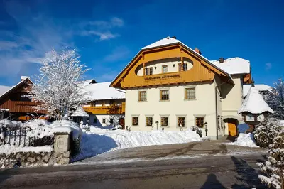 a house with an orange roof in the snow at Penzion Mayer in Bled