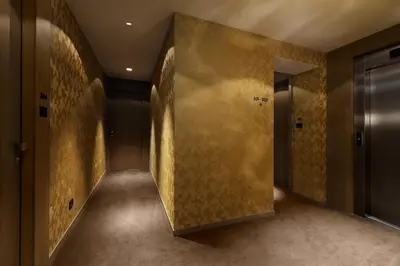 a hallway with a gold wall and a elevator at Hotel Cubo in Ljubljana