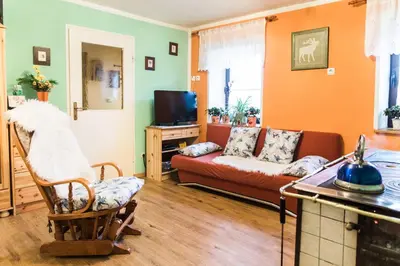 a living room with a couch and a tv at Počitniška hiša Pologar in Tolmin