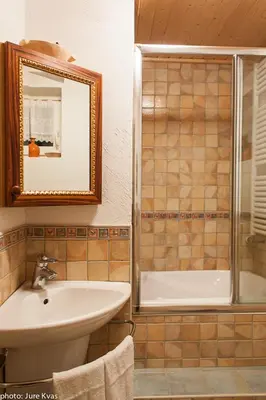 a bathroom with a sink and a shower and a mirror at Chalet Klara in Resnik
