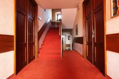 a long hallway with red carpeted stairs and wooden doors at Guesthouse Risnik in Divača