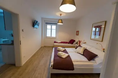 a living room with a bed and a couch at Central Apartments with Parking in Ljubljana