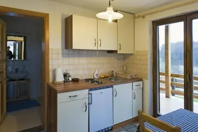 a kitchen with white cabinets and a sink and a window at Apartments Mali Raj in Dolenci