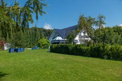 a house in a yard with a green lawn at Modrin Apartments in Kamnik