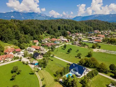 an aerial view of a small town with houses and trees at Modrin Apartments in Kamnik