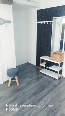 a room with a blue chair and a mirror at Naturalina in Tolmin