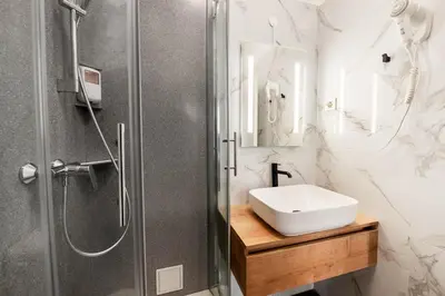 a bathroom with a sink and a shower at Penzion Pod Lipo in Ljubljana