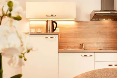 a kitchen with white cabinets and a sink at Penzion Pod Lipo in Ljubljana