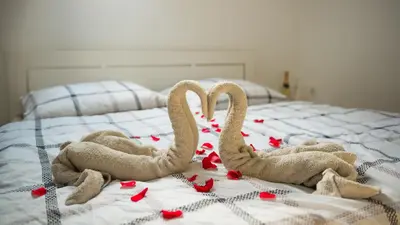 two stuffed swans sitting on a bed with hearts at Boomerang Apartment Bled in Bled
