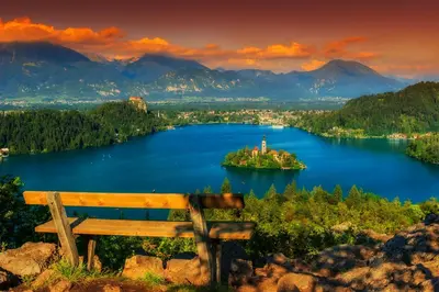 an island in the middle of a lake with a bench at Boomerang Apartment Bled in Bled