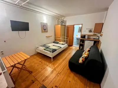 a living room with a bed and a couch at Peter rooms in Ljubljana