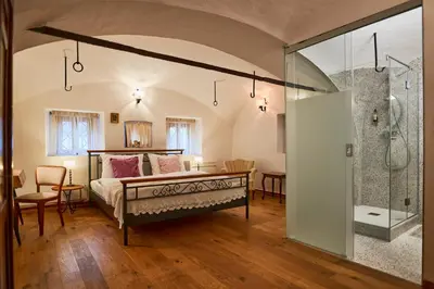 a bedroom with a bed and a glass shower at Hotel Pok Garni in Brezovica