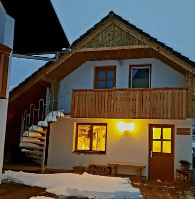 a house with a light on the front of it at Apartments Vidic in Bled