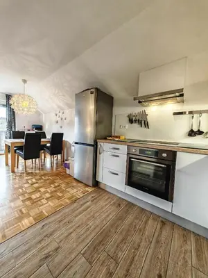a kitchen with stainless steel appliances and a dining room at Apartment Amazing View in Bohinj