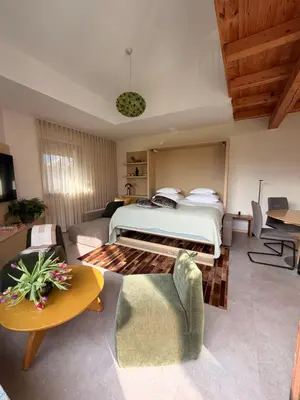 a bedroom with a bed and a living room at Apartments Pri nas in Kobarid