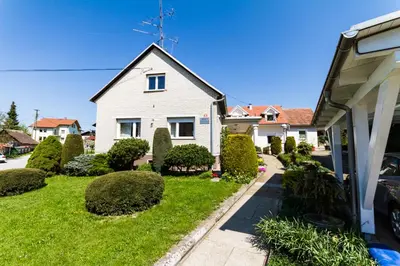 a white house with a yard with bushes at Apartma in Ormoz