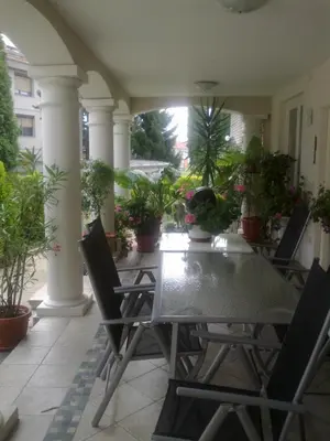 a table and chairs on a patio with potted plants at Apartma in Ormoz