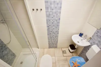 a bathroom with a shower and a toilet and a sink at Blue Point Apartment Ljubljana in Ljubljana