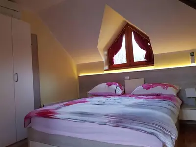 a bedroom with a large bed with a window at TULPIKA 13 in Moravske Toplice