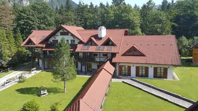 an aerial view of a house with a roof at Hotel Plesnik Logar Valley in Solčava